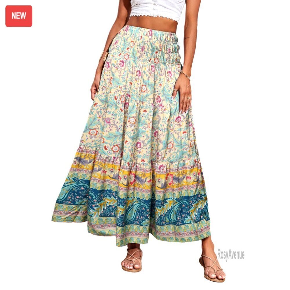 Summer Maxi Skirt High Waist Floral Boho A-Line Beach Vacation Outfit